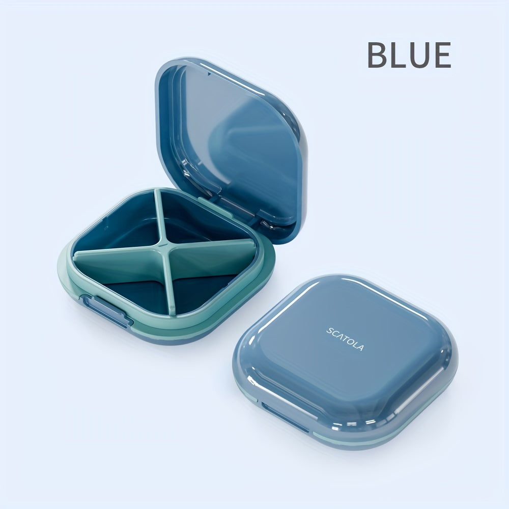 White and Blue 4-Compartment Pill Organizer with Transparent Lid for Travel and Daily Use