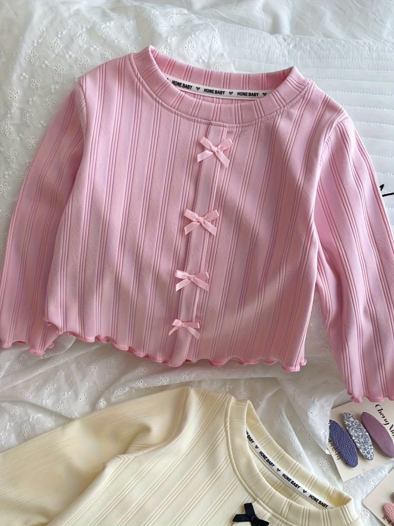 Girls Long Sleeve Knit T-Shirt with Bow Detail for Casual Wear and Outdoor Play