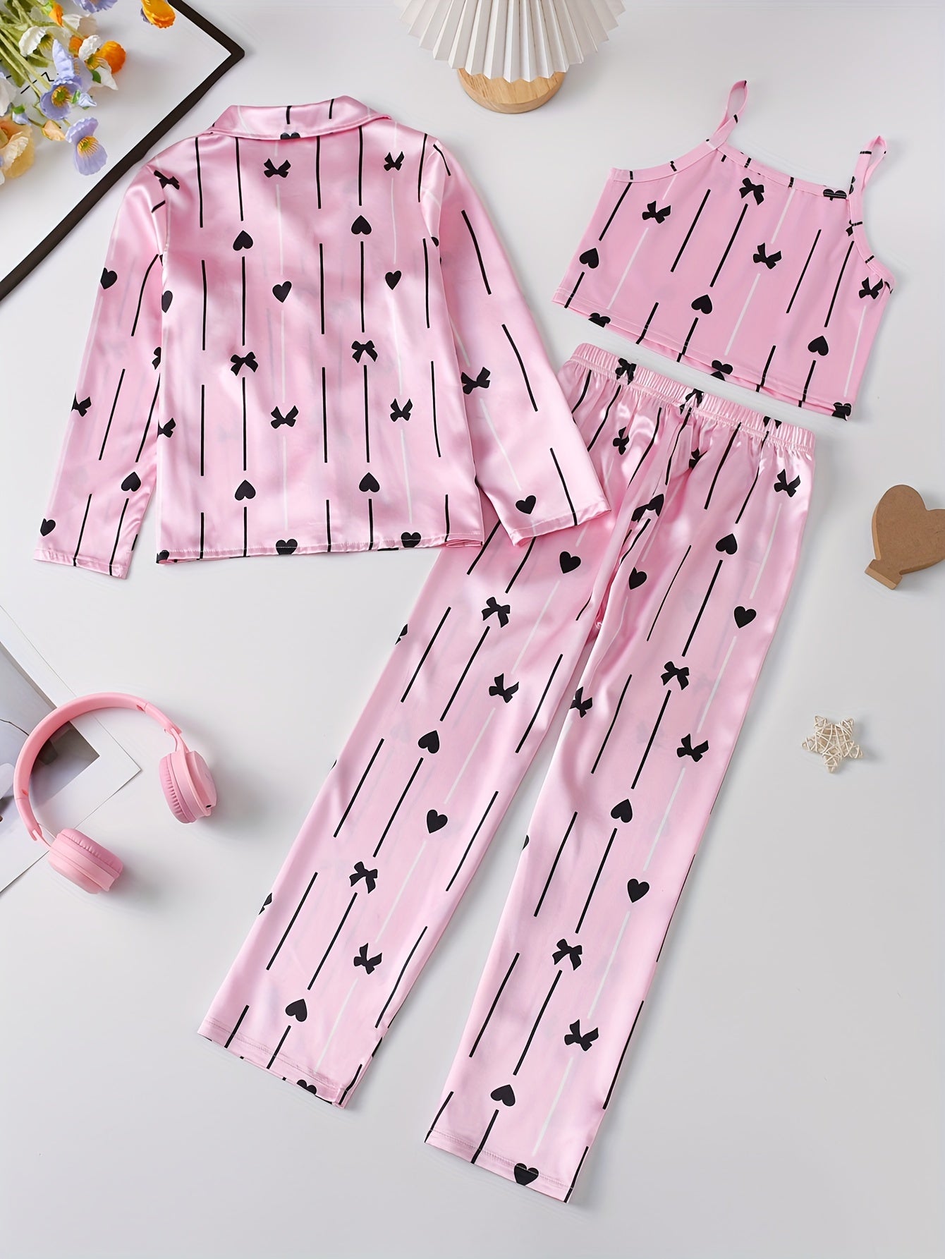 Girls Pajama Set with Heart-Shaped Bow Striped Floral Print Long Sleeve Cotton Casual