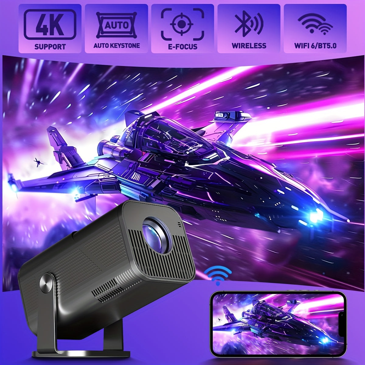 High-Definition 4K WiFi LED Projector for Indoor Outdoor Gaming Camping