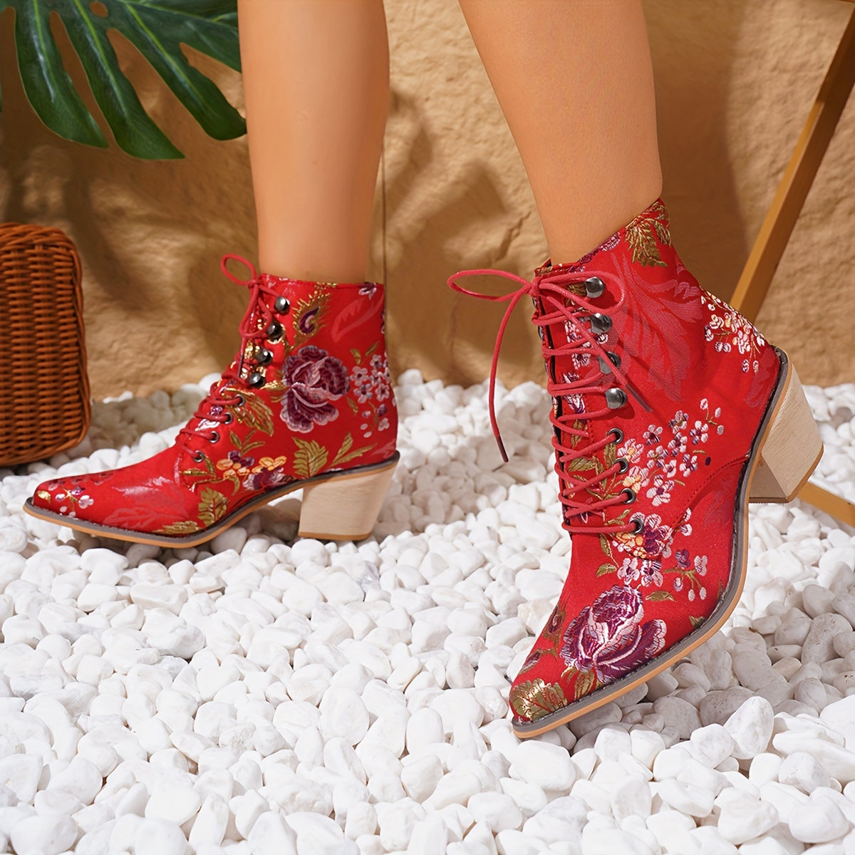 Women's Embroidered Floral Studded Pointed Toe Lace-Up Ankle Boots