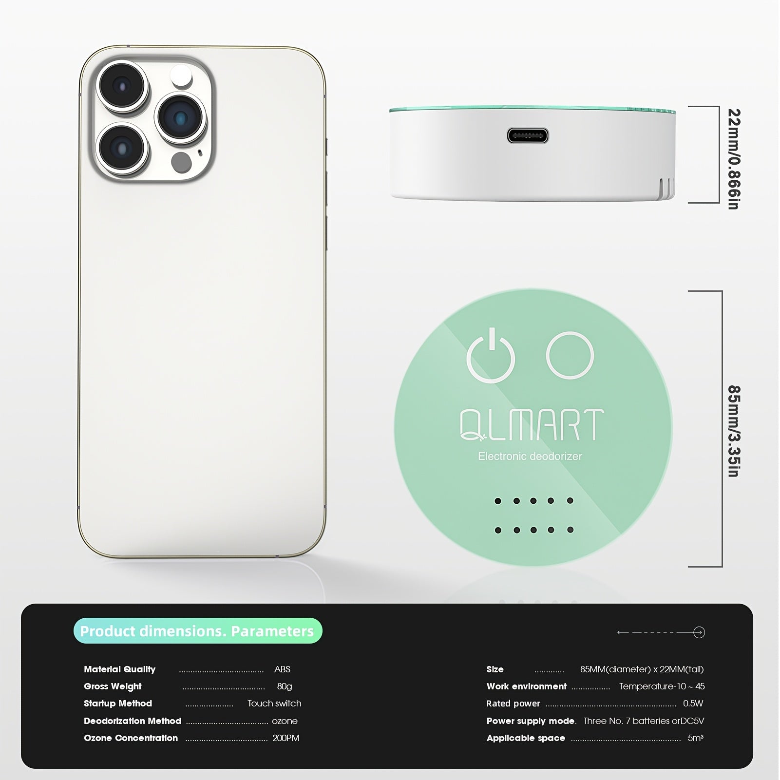 Портативный озоновый воздухоочиститель для дома, автомобиля и не только. Двойной режим питания, батарея/USB. Рабочее напряжение ≤36V, батарея не включена.