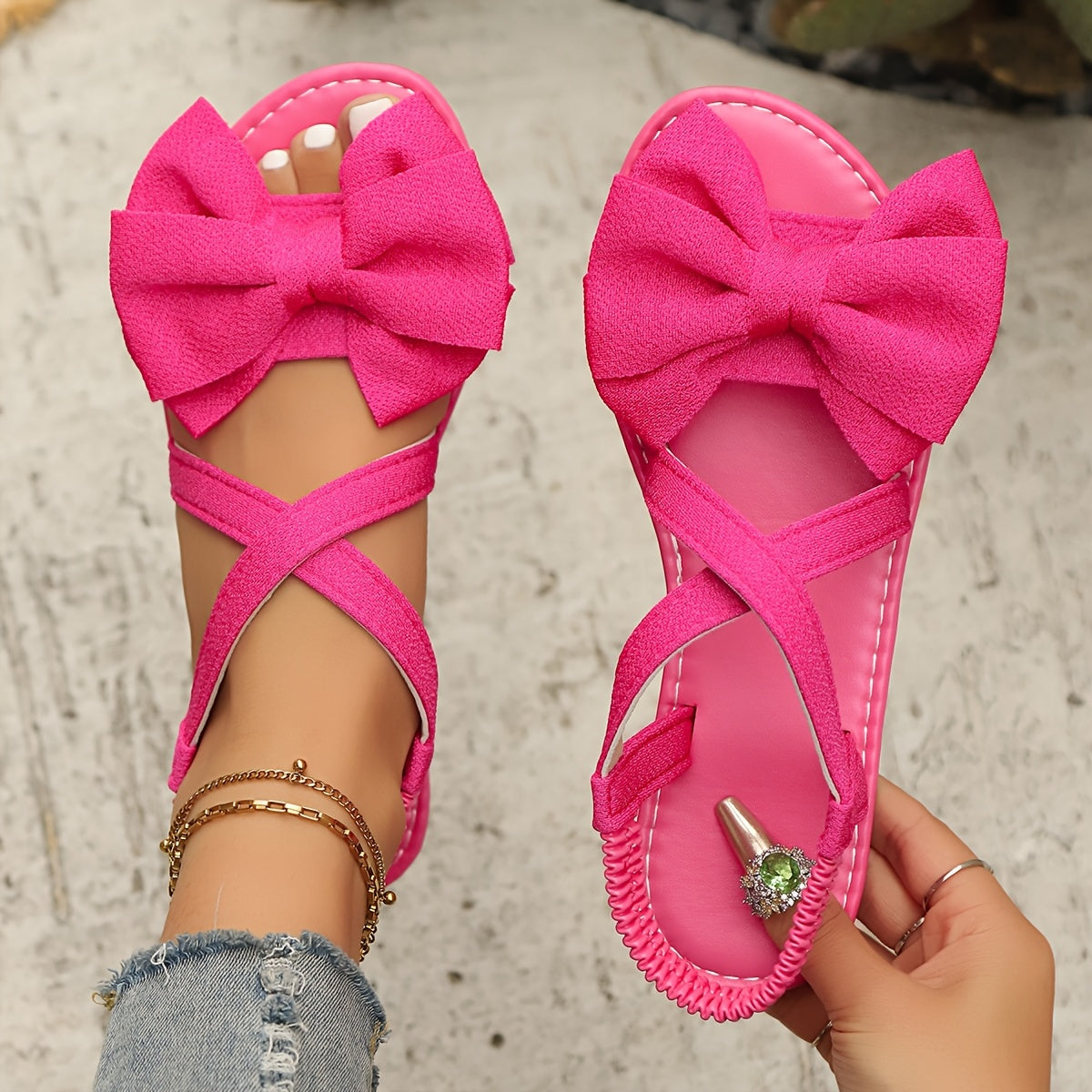 Women’s Black Bowknot Flat Sandals Open-Toe Slip-On Summer Shoes
