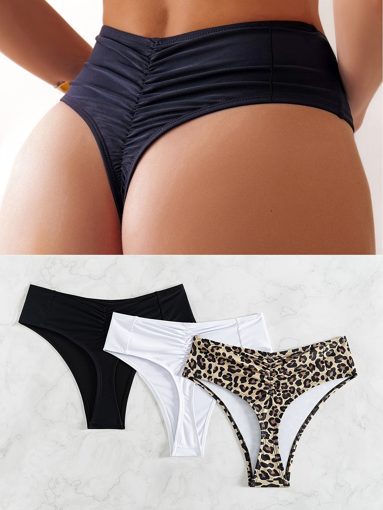 Women's High Stretch Nylon Thongs Solid Color Ruched Pack of 3