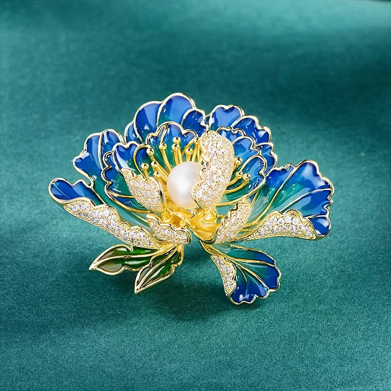 Vintage Enamel Lotus Flower Brooch Faux Pearl Cloisonné Elegant Jewelry