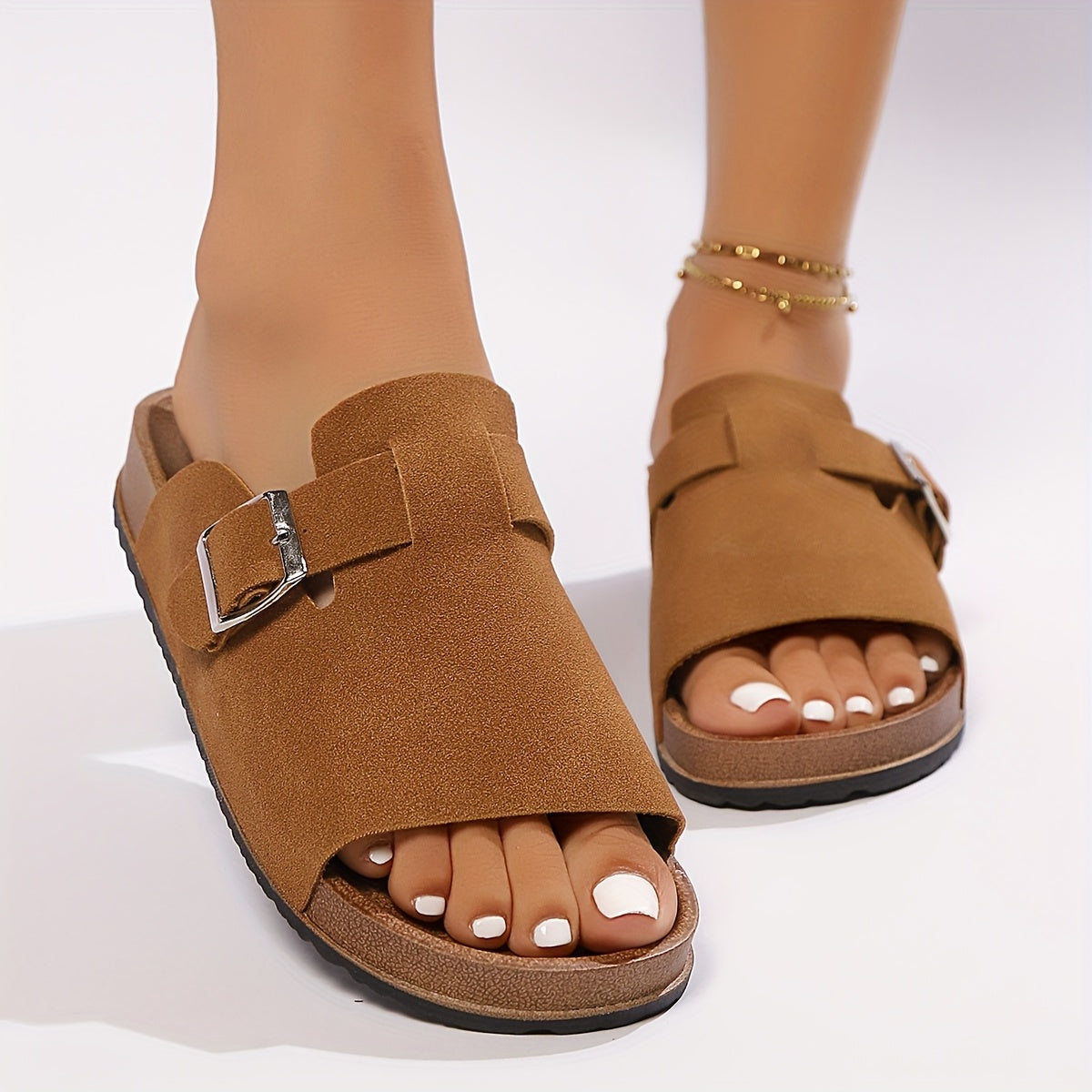 Women's Black Microfiber Mules Clogs with Buckle Strap Spike Heel