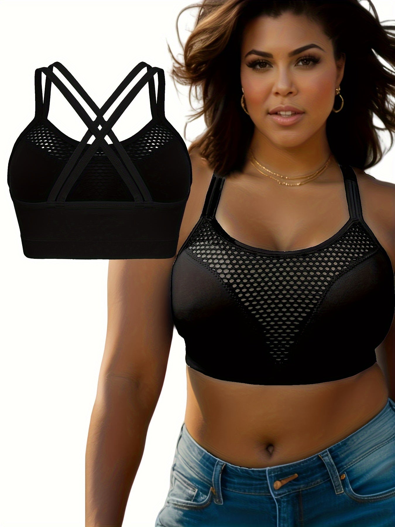 Women's Plus Size Breathable Sports Bra with Removable Pads and Crisscross Back