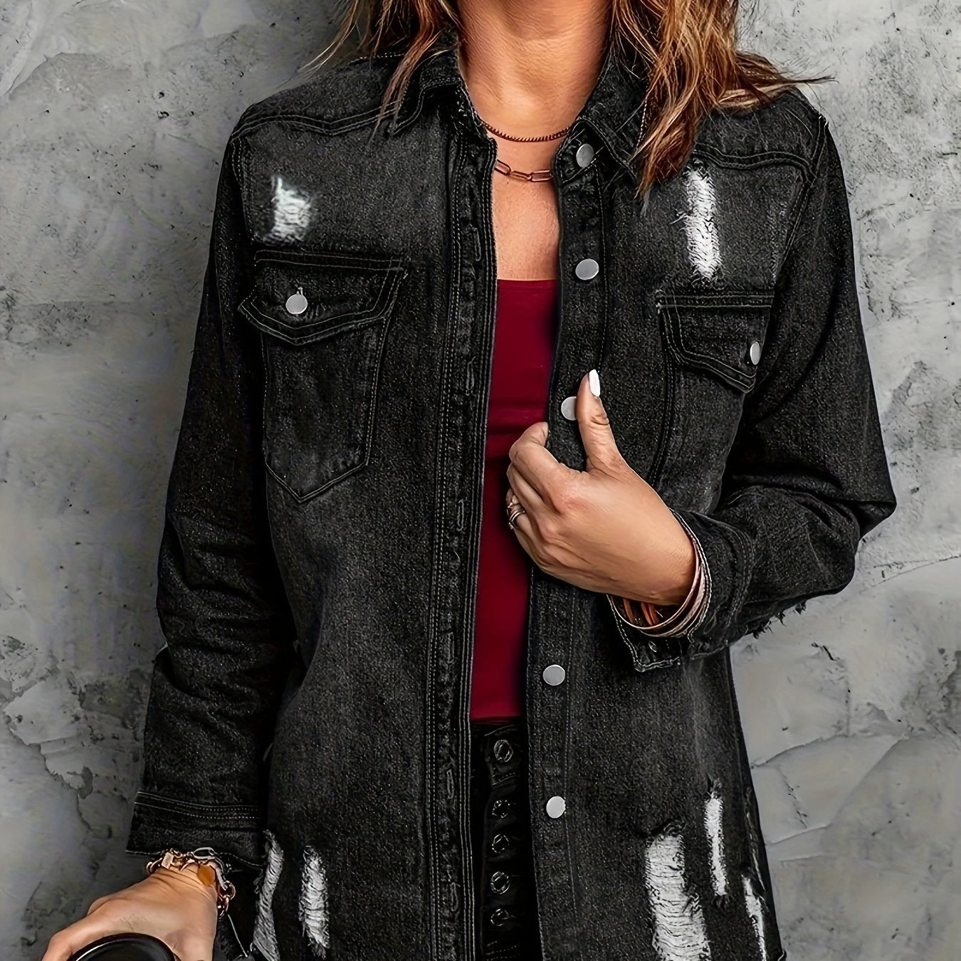 Women's Denim Jacket Washed Distressed Ripped Solid Color Spring Summer Coat