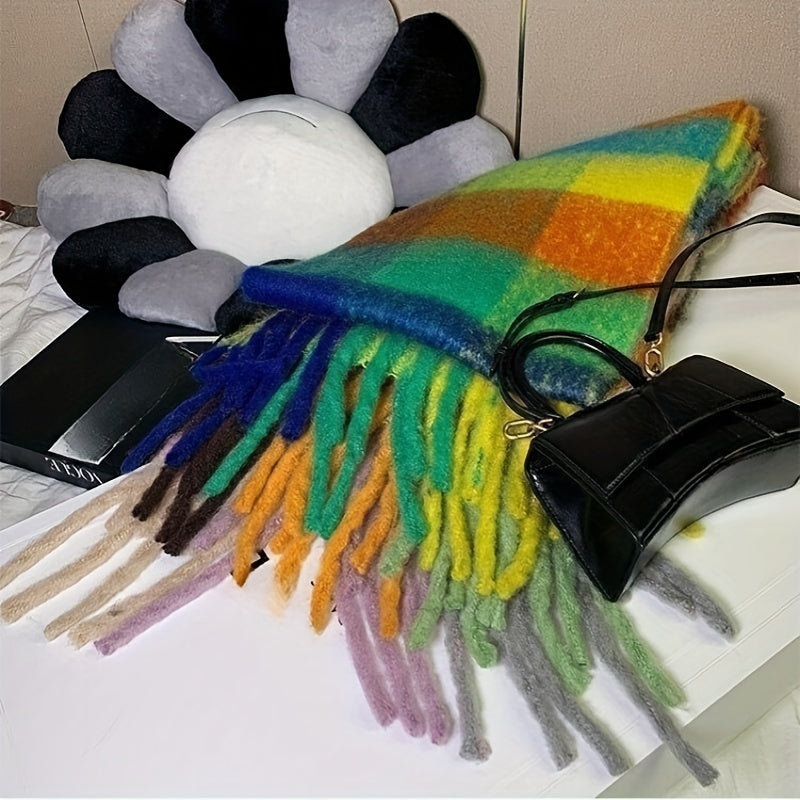 Rainbow-colored Boho Plaid Scarf with Tassels: Chunky, Imitation Tassel Shawl for Neck Warmth in Autumn and Winter. Features a Long Neckerchief Design.