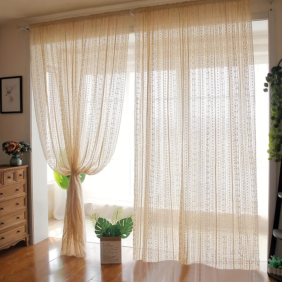 Hollow Striped Yarn Curtain Japanese Style Rod-Mounted Window Screen for Living Room Bedroom
