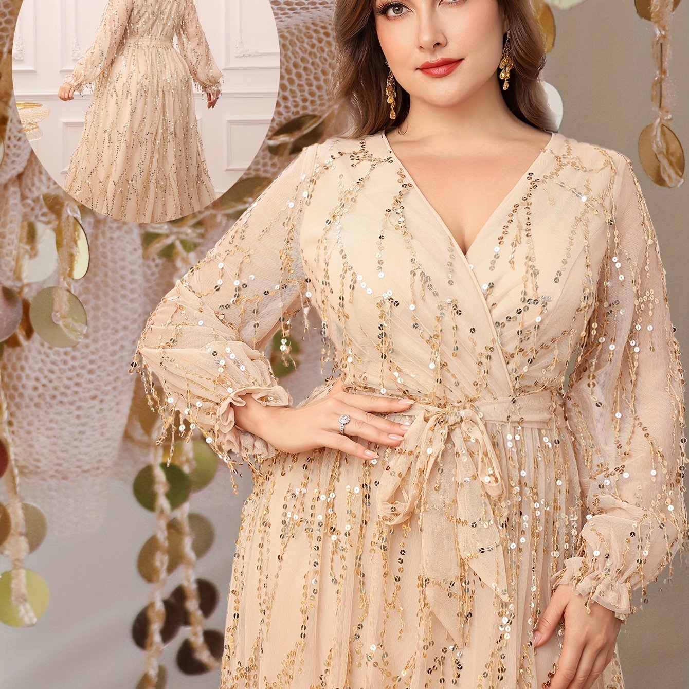 Plus Size Women's Black V-Neck Sequin Fringe Formal Gown for Prom Bridesmaids