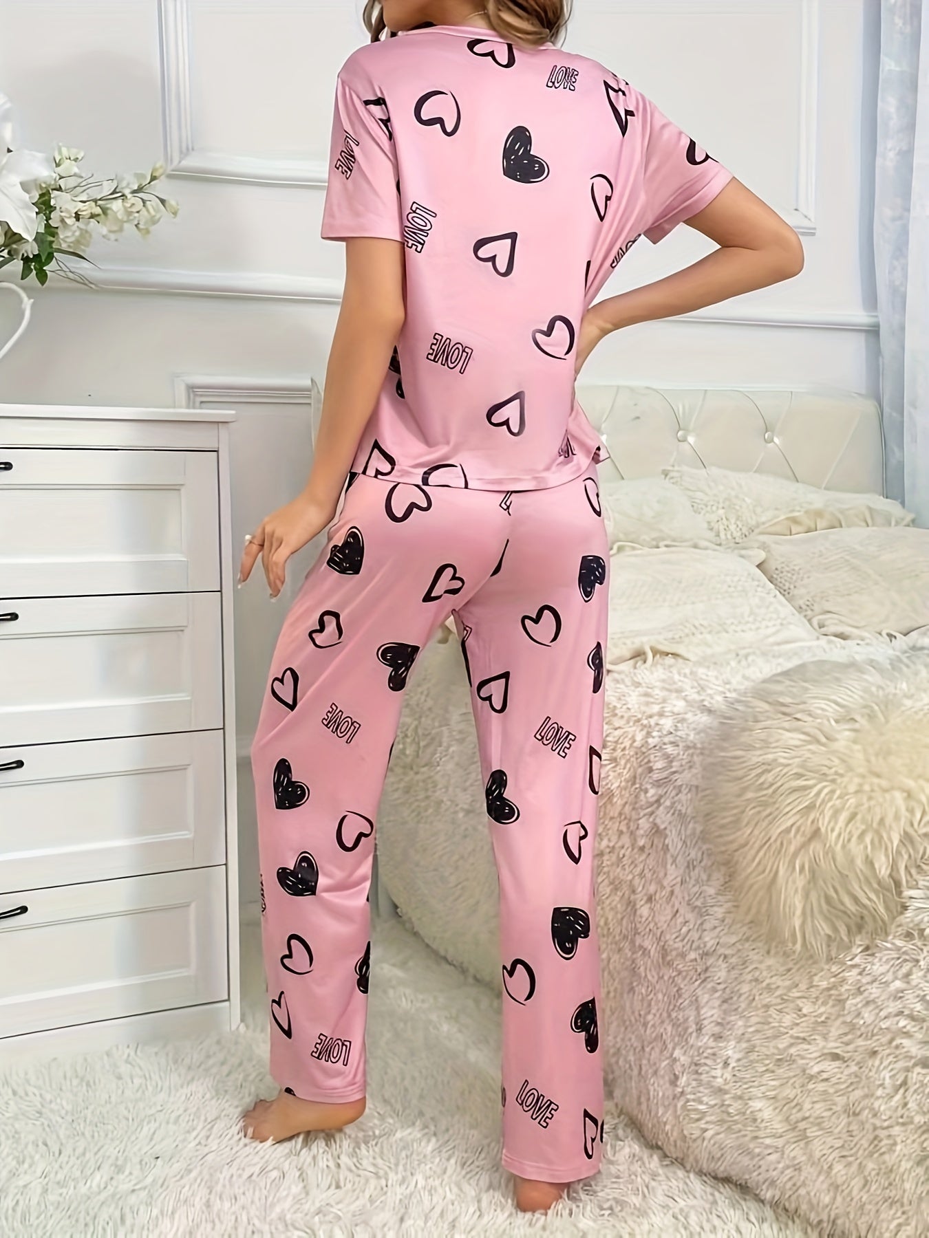 Women's Valentine's Day Pajama Set Heart Letter Print Short Sleeve Top Elastic Pants Sleepwear Loungewear
