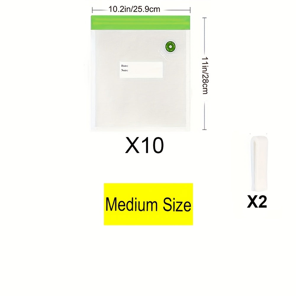 12-pack vacuum food storage bags with zipper, includes 10 bags 2 clips