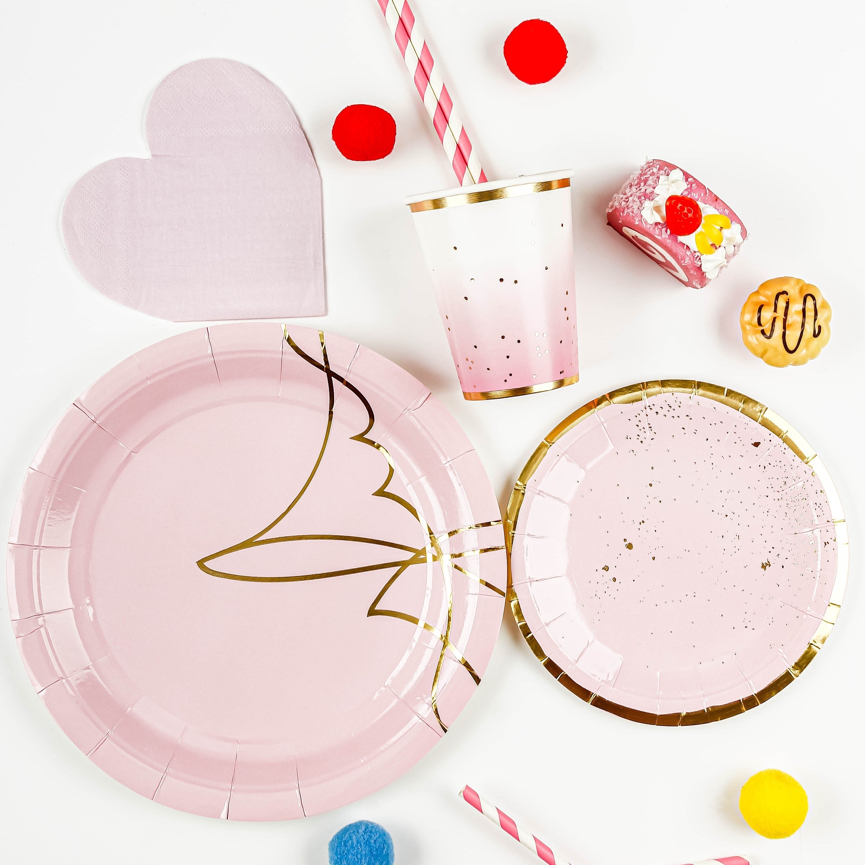 Set of 8 to 16 Pink and Gold Foil Polka Dot Disposable Cutlery Plates Cups with Heart Napkins for Parties Weddings Holidays