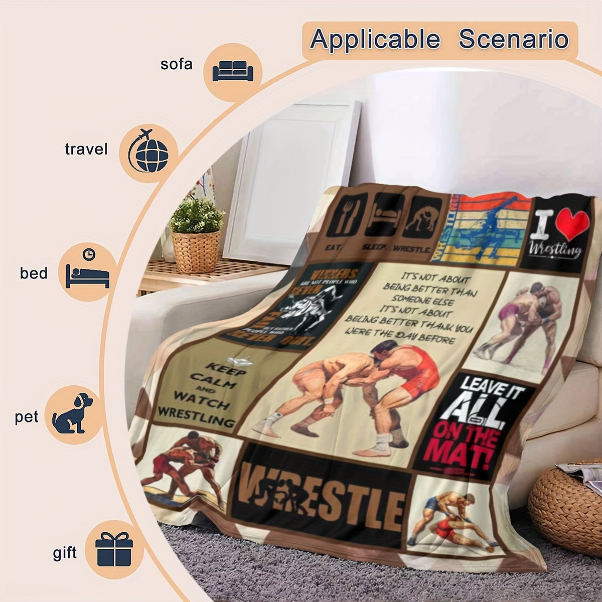 Unisex Fleece Throw Blanket with Wrestling Theme and Mixed Color Print for All-Season Comfort
