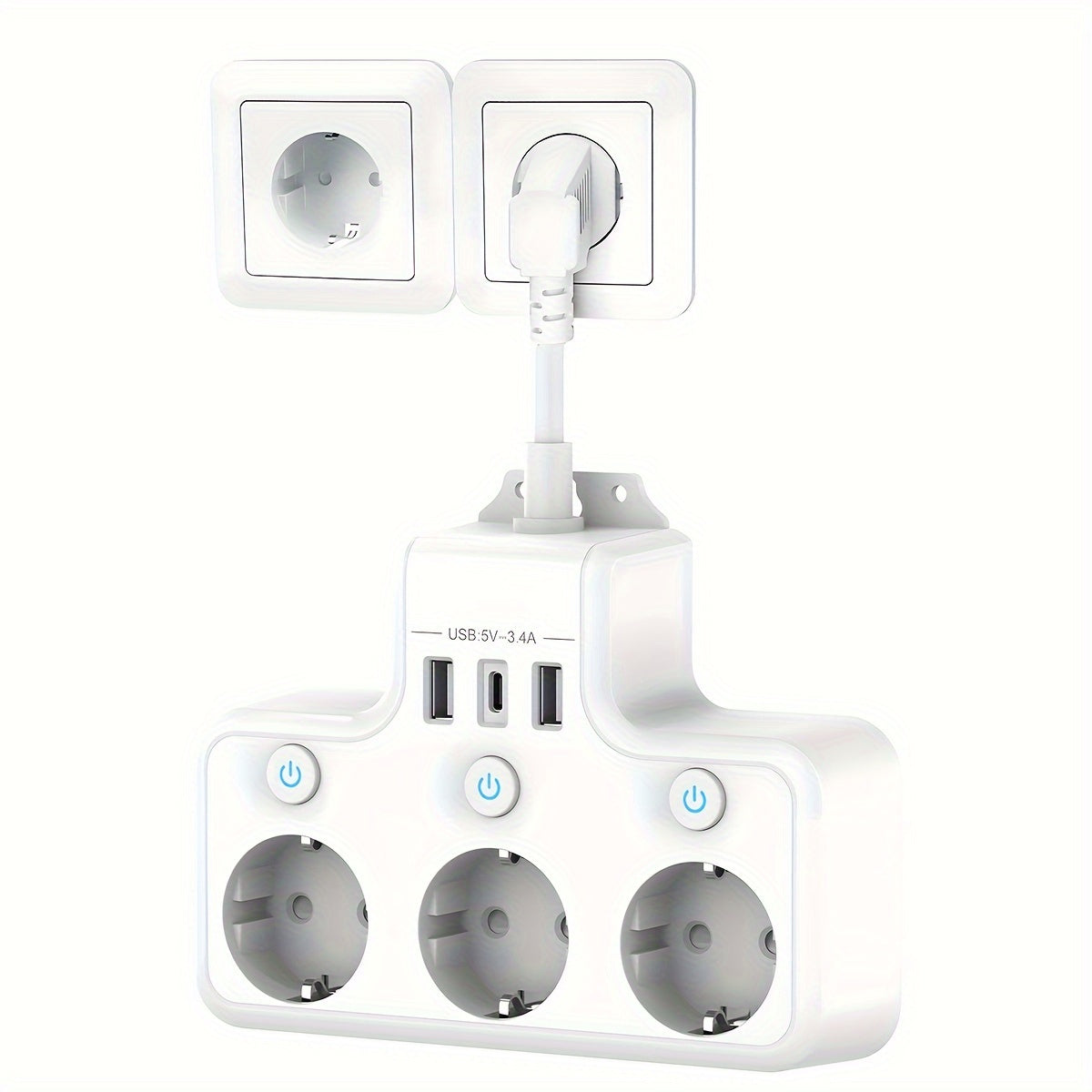 Wall-Mounted Power Strip with USB-C and Dual USB Ports for Home Office Space Saving