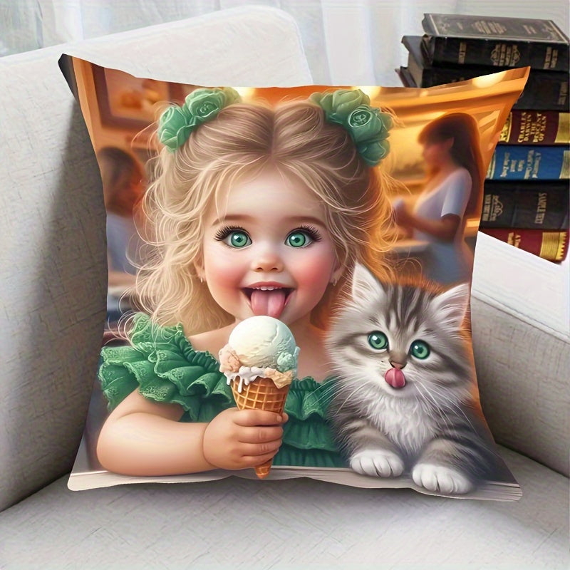 Girl and Kitten Print Plush Pillowcase 44.96cm Decorative Pillow for Home Decor