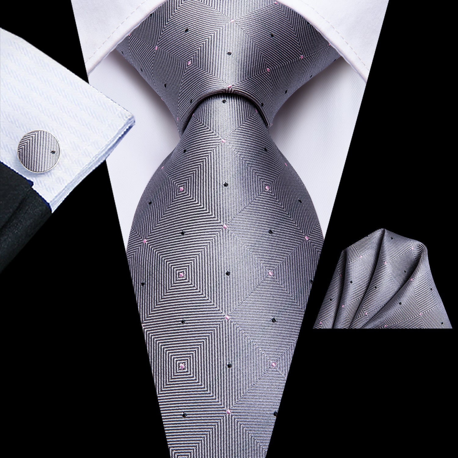 Men's Accessories Set Polka Dot Necktie Pocket Square Cufflinks Gift
