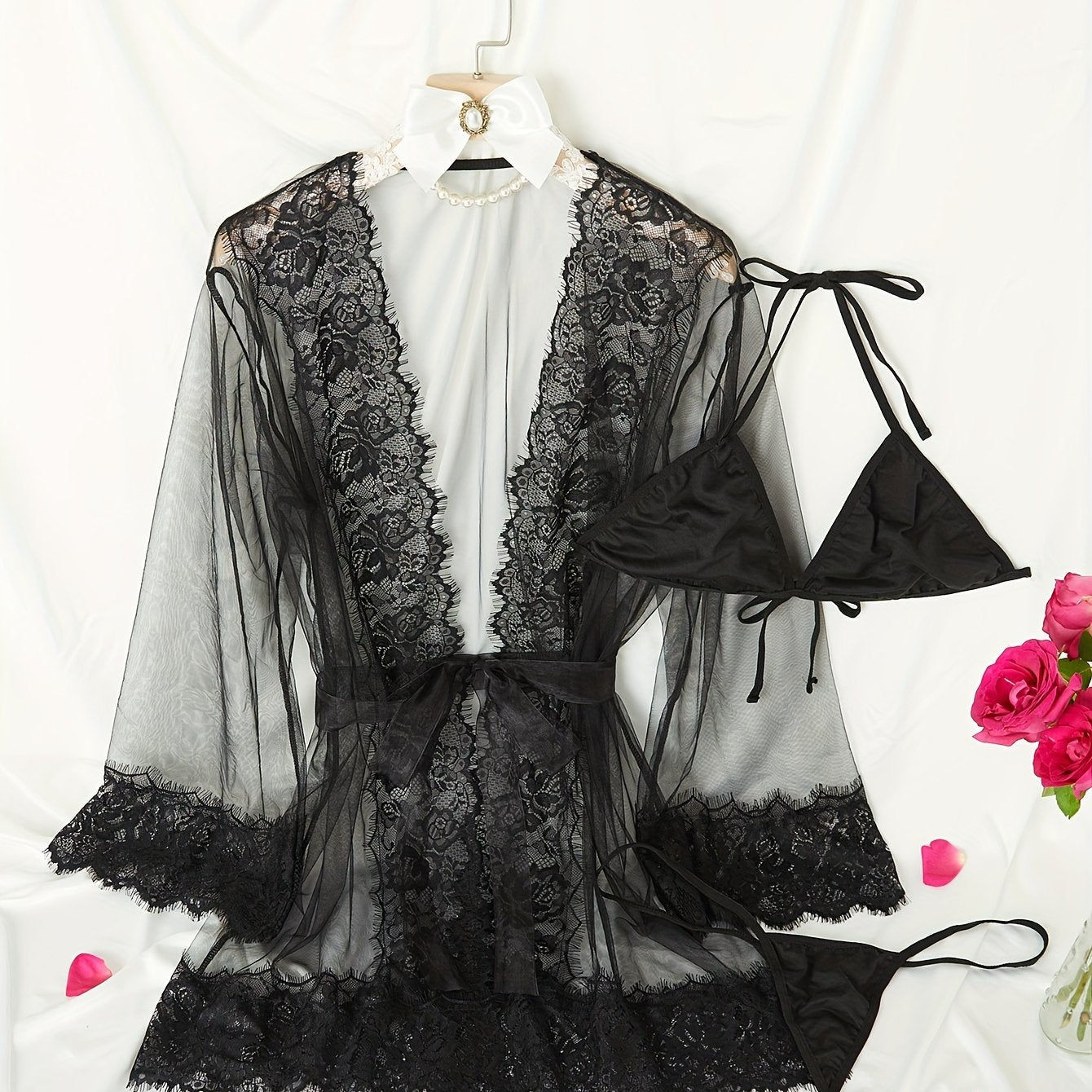 Plus Size Lingerie Set Women's Contrast Lace Semi Sheer Robe Bra Thong