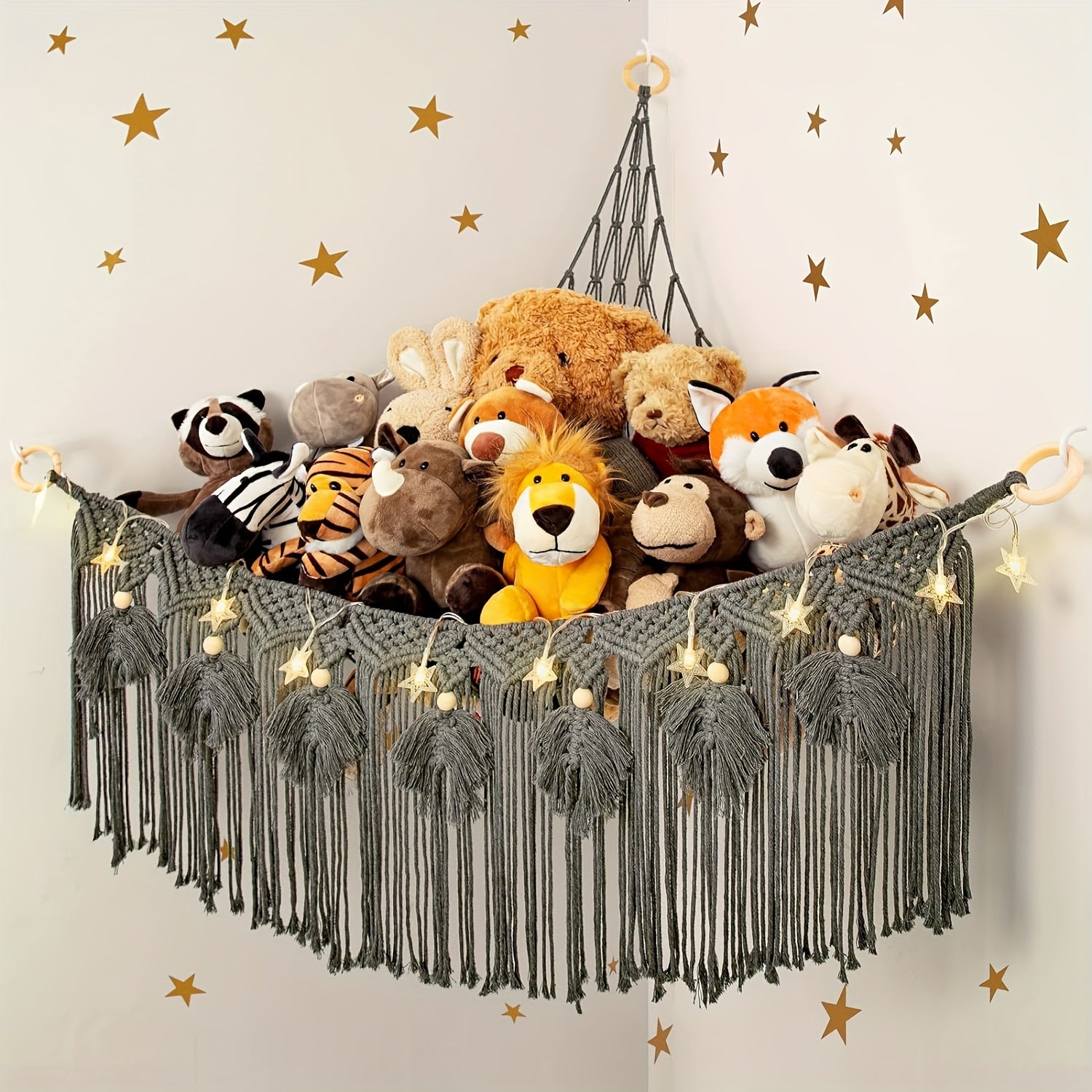 Colorful Plush Animal Storage Net for Kids Room Organization Triangle Toy Hammock