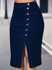 Women's Plus Size Asymmetric Denim Midi Skirt Dark Wash Blue Slim Fit Split Hem