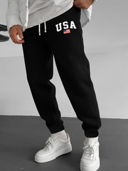 Men's Casual Knit Sweatpants with USA Flag Print Elastic Waist Drawstring for Outdoor Activities