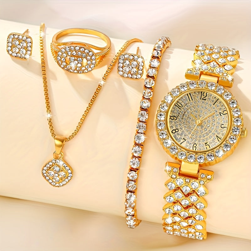 Элегантный набор из 6 предметов для женщин, включающий кварцевые часы, браслет, колье, браслет, кольцо и серьги.