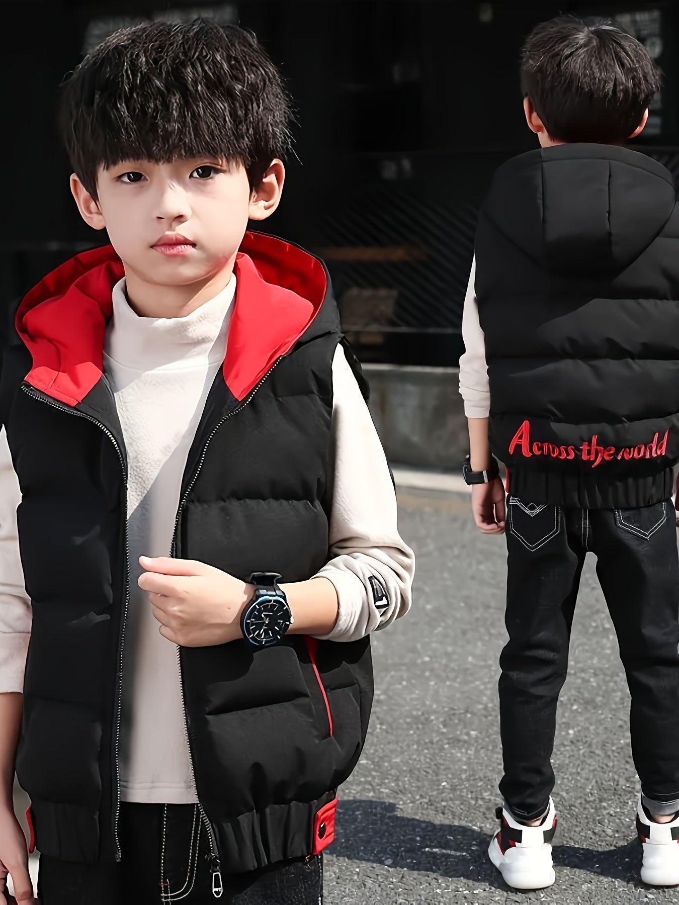 Boys Puffer Vest Hooded Zip-Up Color Block Fall Winter Casual Kids Over 3 Years