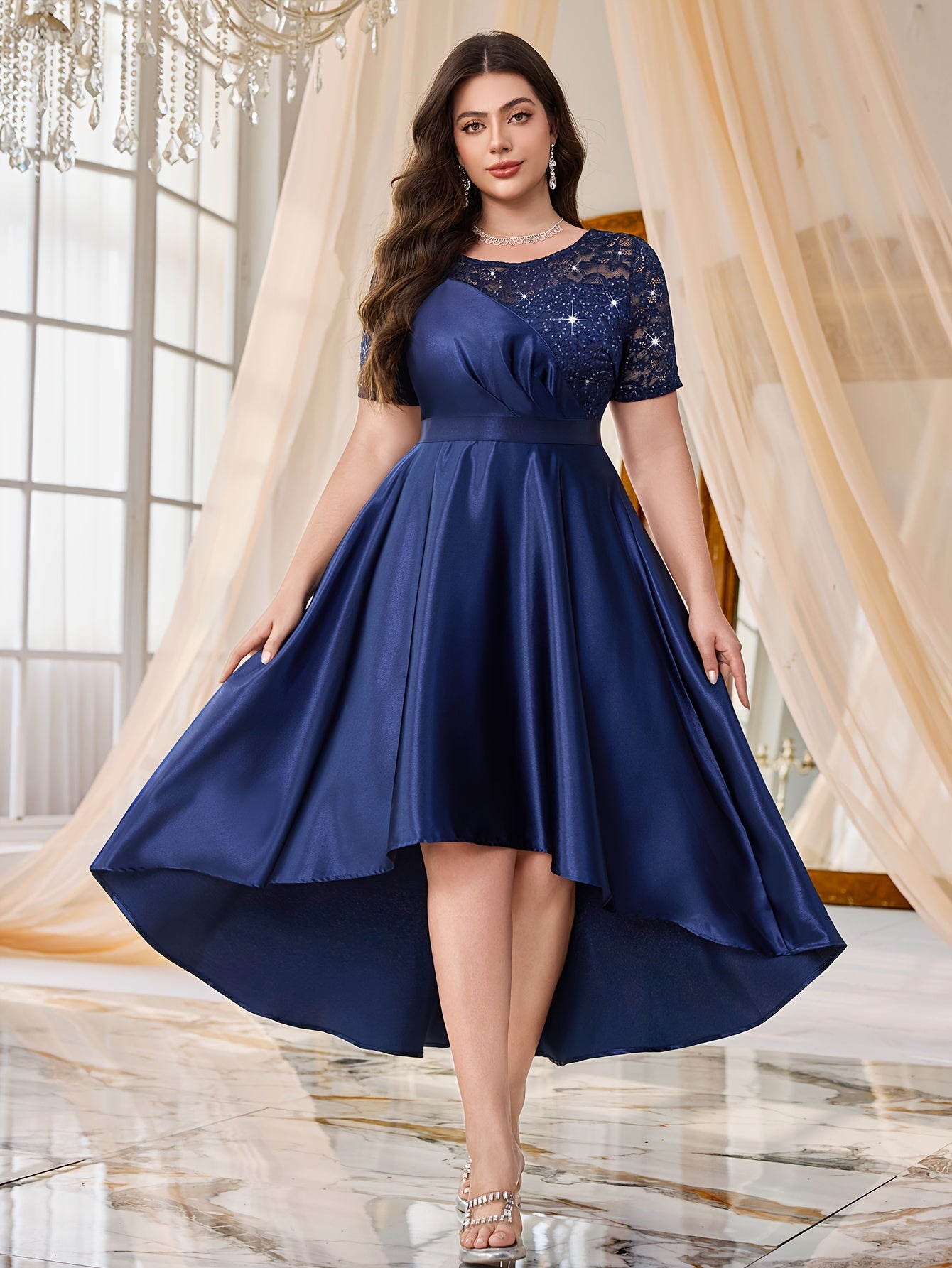 Plus Size Lace Dress with Sequins Blue Sleeveless Knee-Length