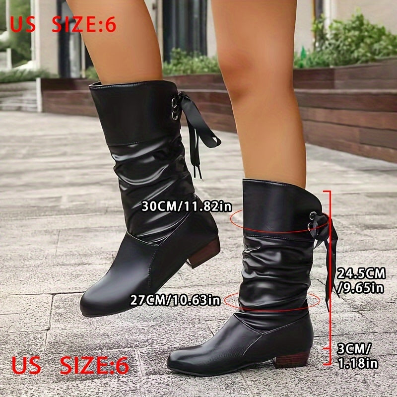 Women's Chunky Heel Mid Calf Boots Lace Up Solid Color Dress Boots