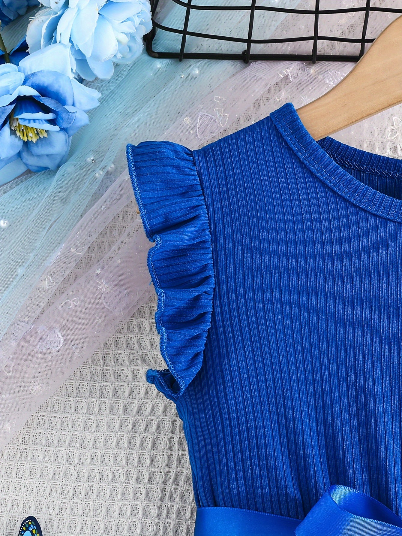 Girls Summer Butterfly Print Patchwork Dress with Belt and Sleeveless Ribbed Cuff Sleeves