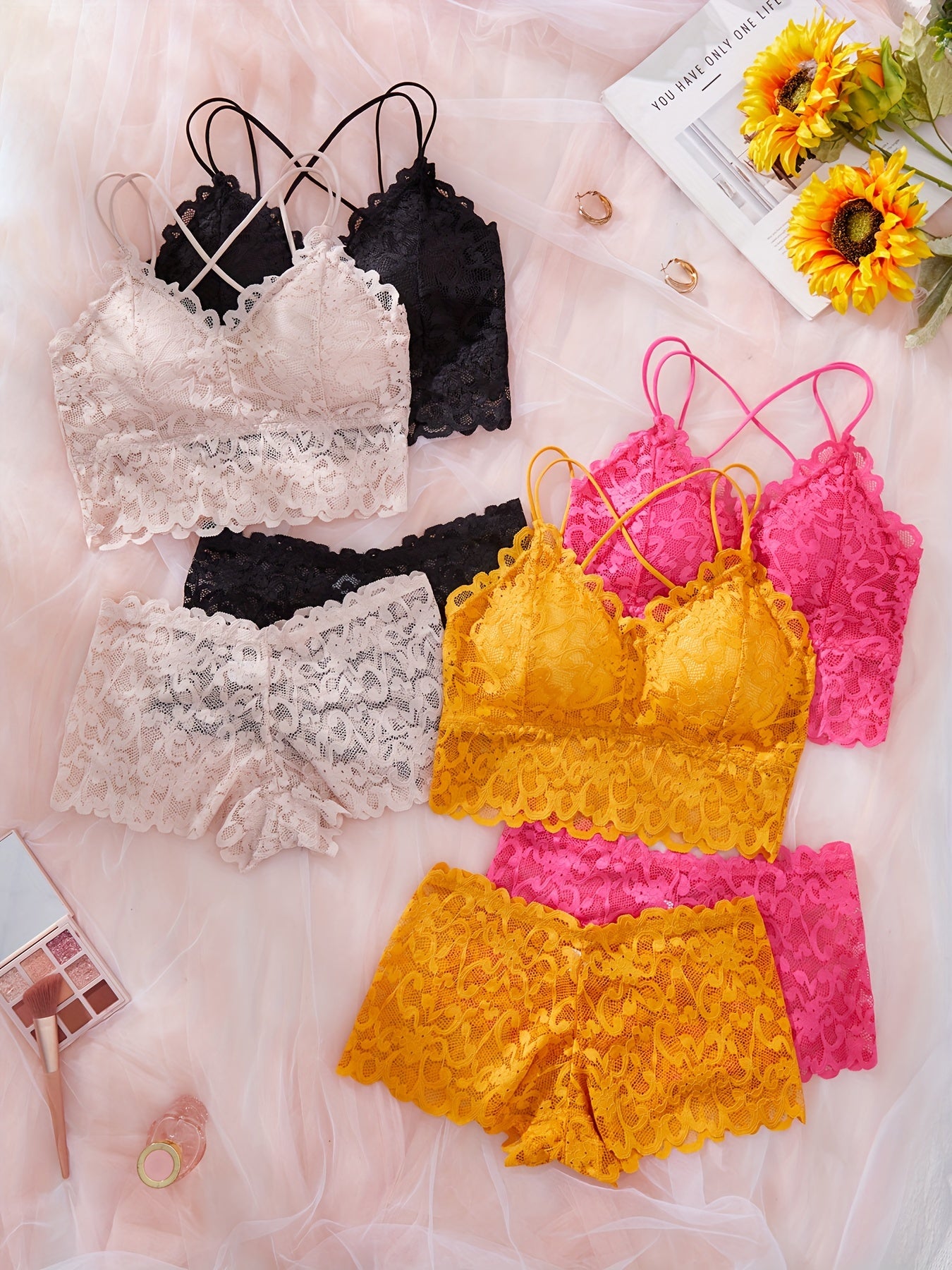 Women’s Lace Lingerie Set 4-Pack Padded Bralette and Boyshorts Solid Color