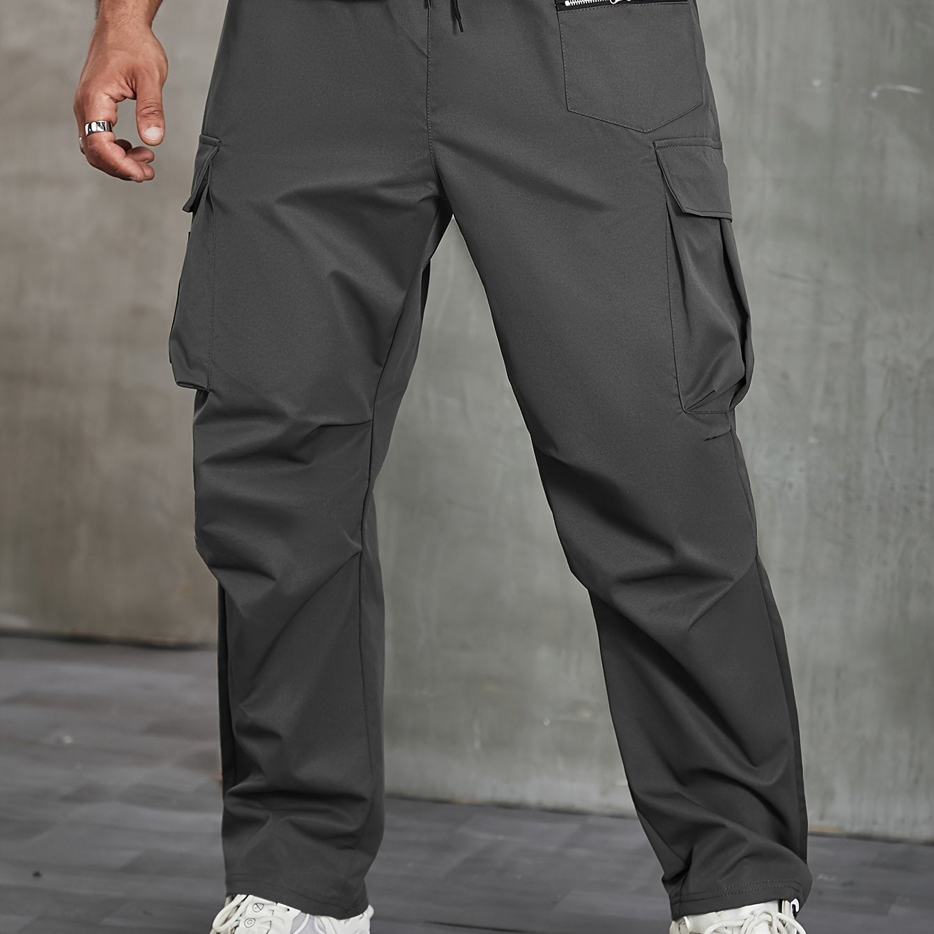 Men's Plus Size Cargo Pants Non-Stretch Polyester Zipper Pockets Drawstring Regular Fit All-Season