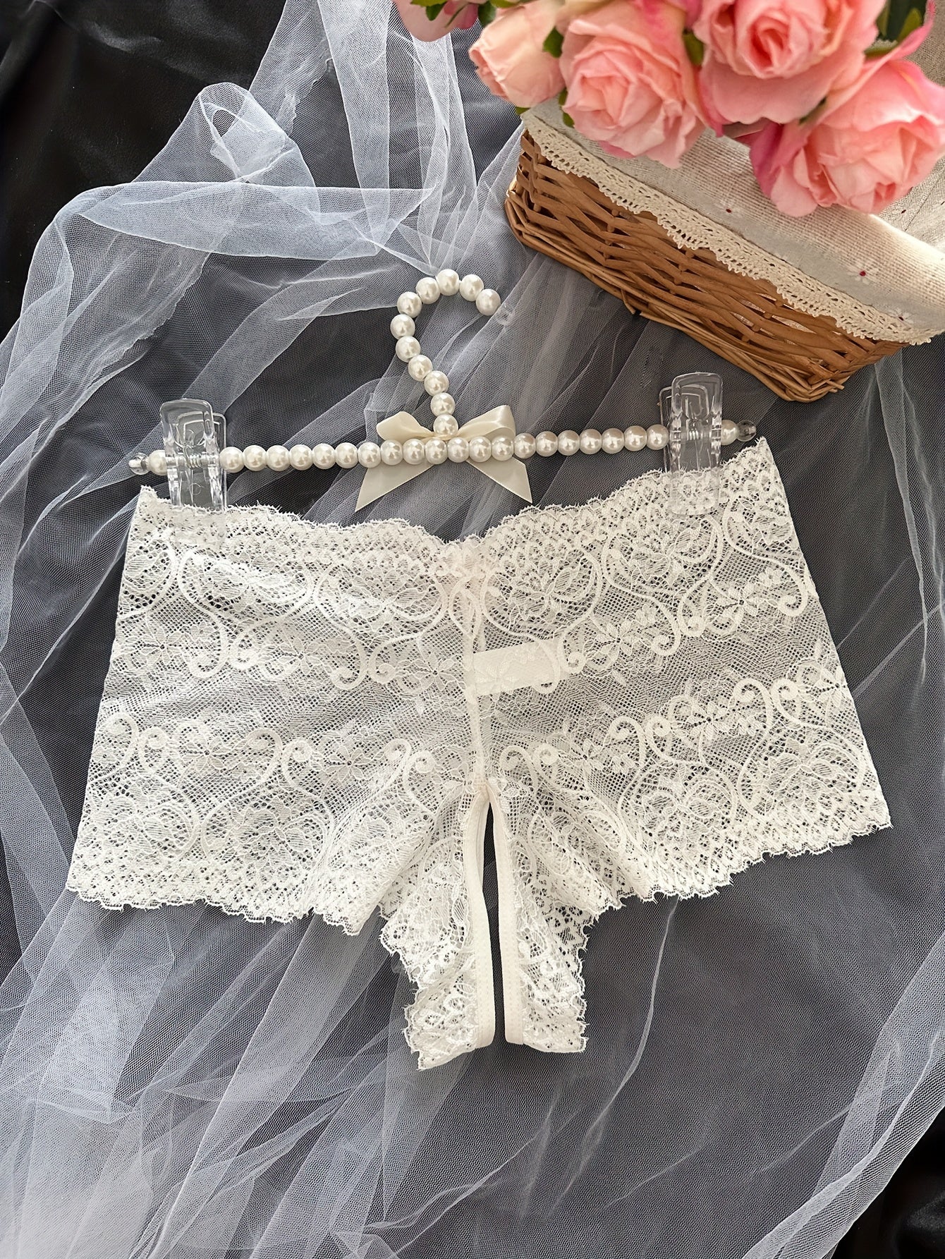 Women's Lace Open Crotch Panties with Bow Detail Semi-Sheer Printed Comfortable Lingerie