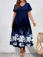 Plus Size Floral Print V-Neck Dress for Women Slim Fit Polyester Knit
