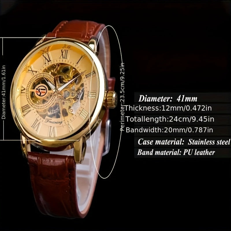 Men's Mechanical Watch with Hollow Design and Leather Strap for Young Men