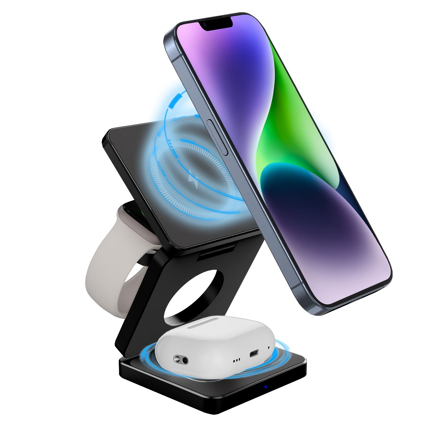 3-in-1 buklanuvchi simsiz zaryadlovchi stend iPhone 15 14 13 Pro Max uchun magnit dizayni va 5W Apple Watch zaryadlovchi bilan