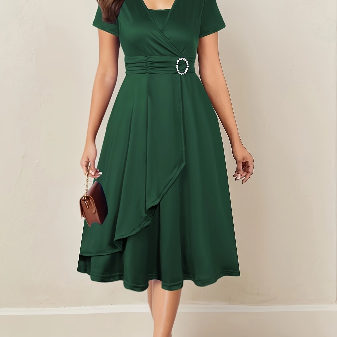 Women's Rhinestone V-Neck Dress with Asymmetrical Hem and Tie Waist