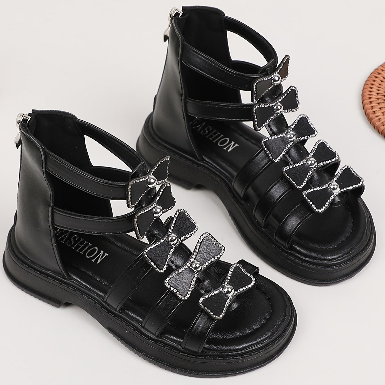 Girls Striped Mid-Top Roman Sandals with Zipper Closure PU Upper PVC Sole Summer Footwear