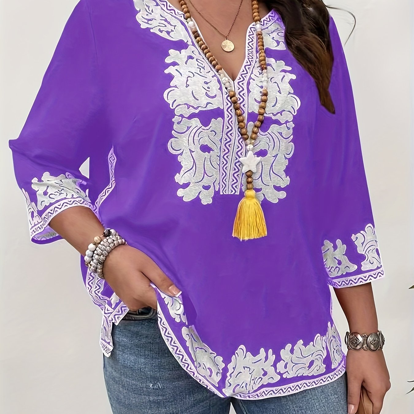 Women's Floral Print V-Neck Long Sleeve Blouse Polyester Spandex Stretchy All-Season