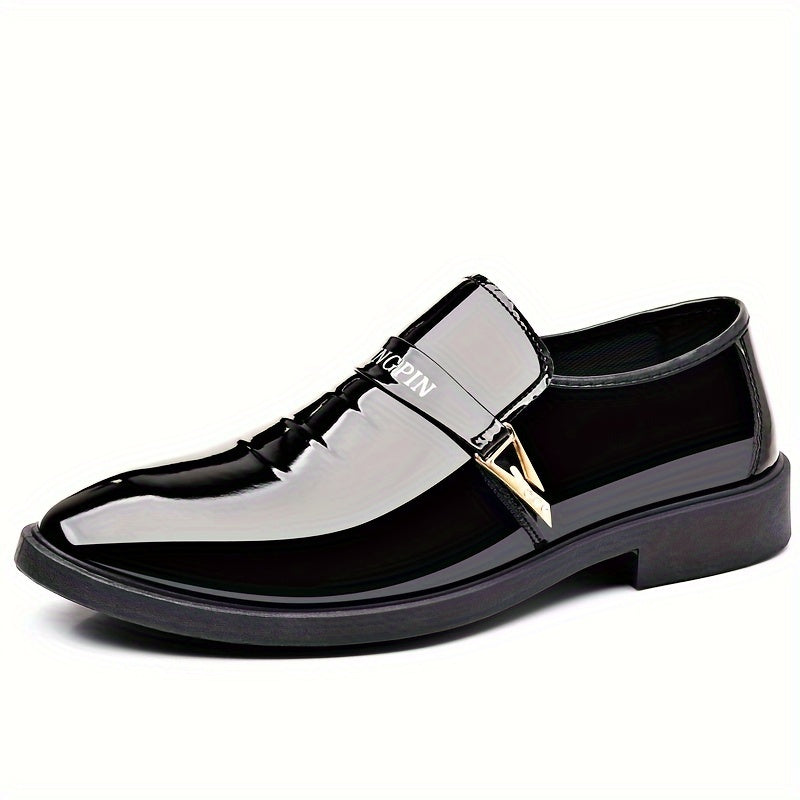 Men's Black Slip-On Business Casual Shoes with Pointed Toe and Gold Accents
