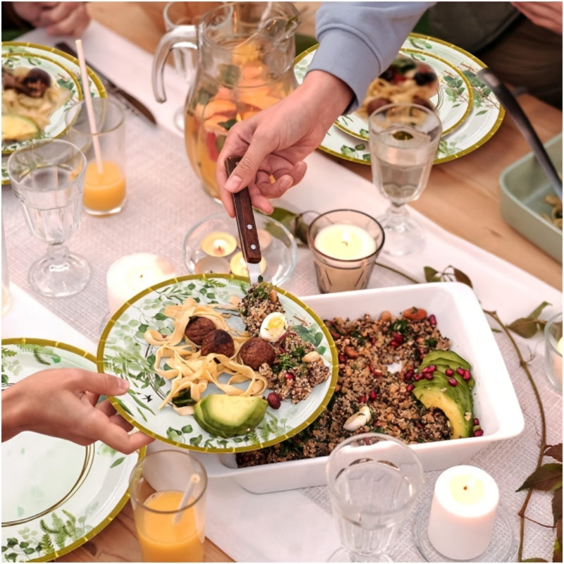 Bir martalik Yashil Barglar Stol to'plami, 120 ta, 24 mehmon uchun partiyaga tayyor taomlar uchun