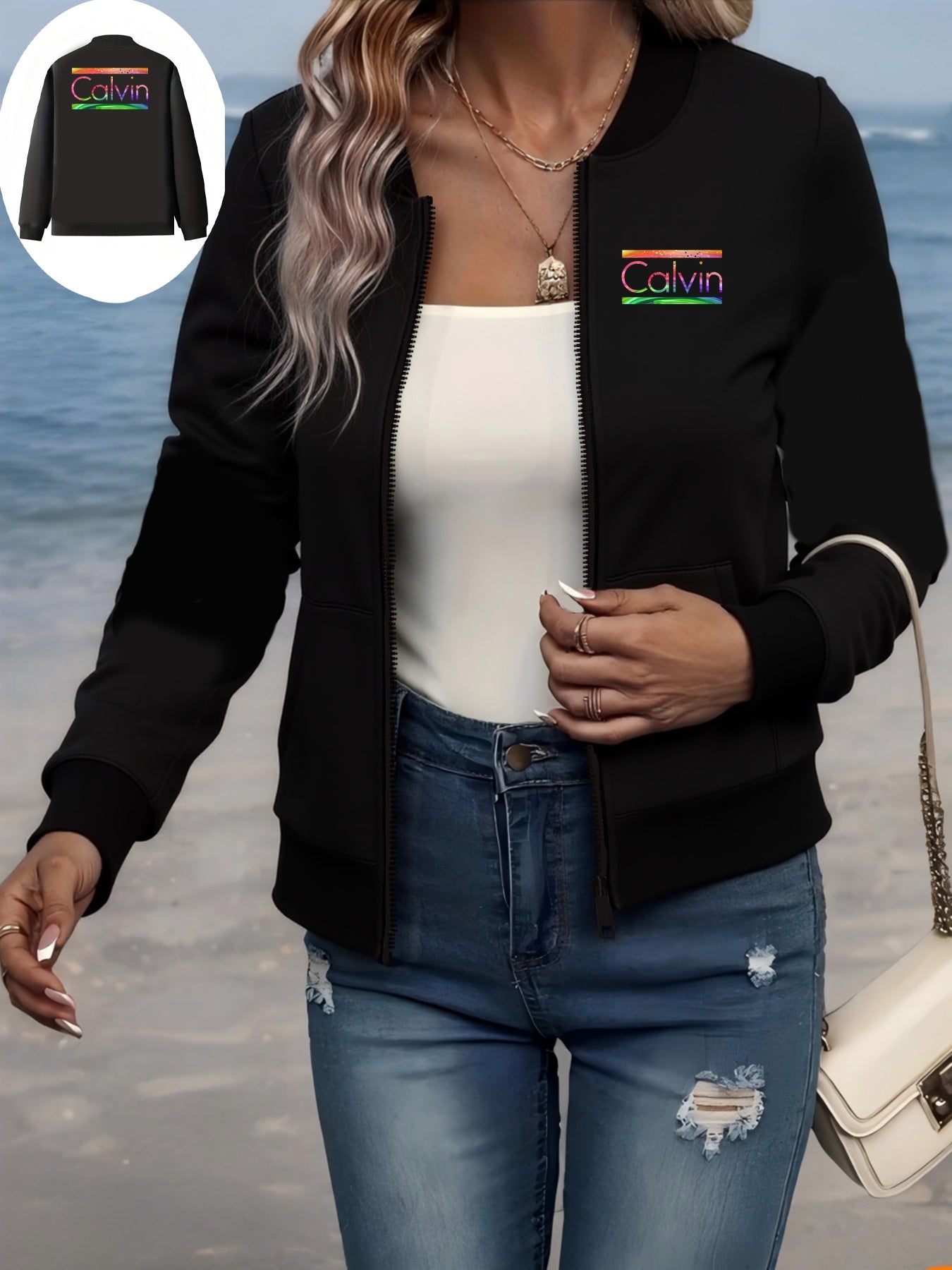 Plus Size Women's Graphic Print Bomber Jacket Black Long Sleeve Casual Outerwear