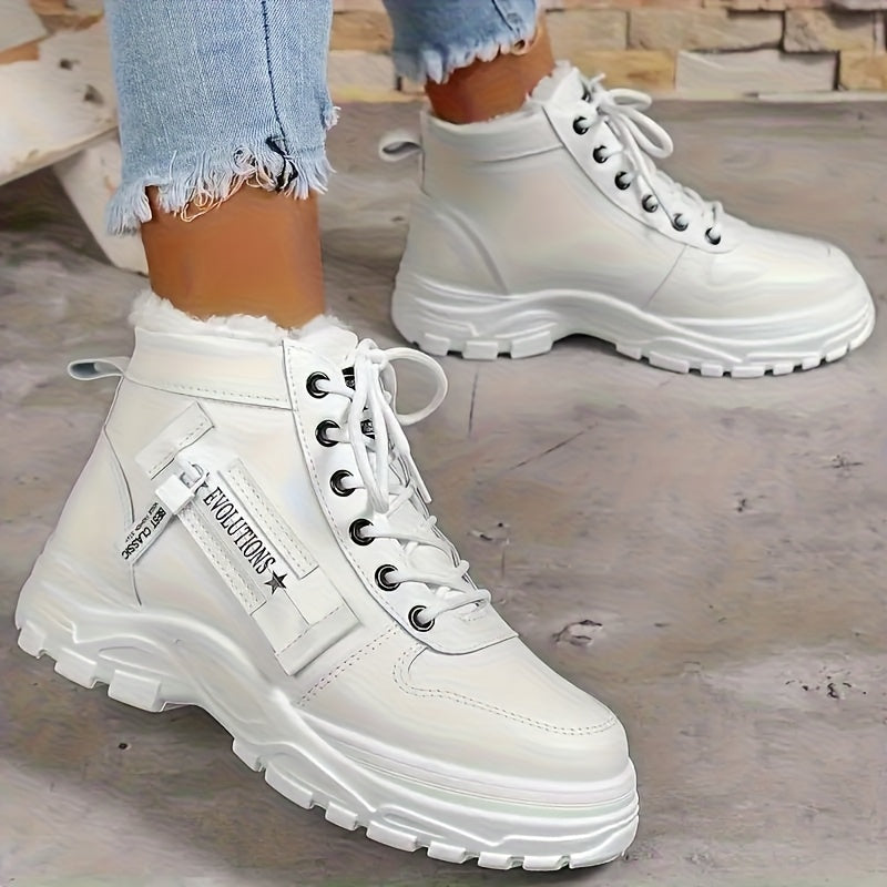 Women's High-Top Winter Boots with Rubber Sole and Plush Lining Black and White