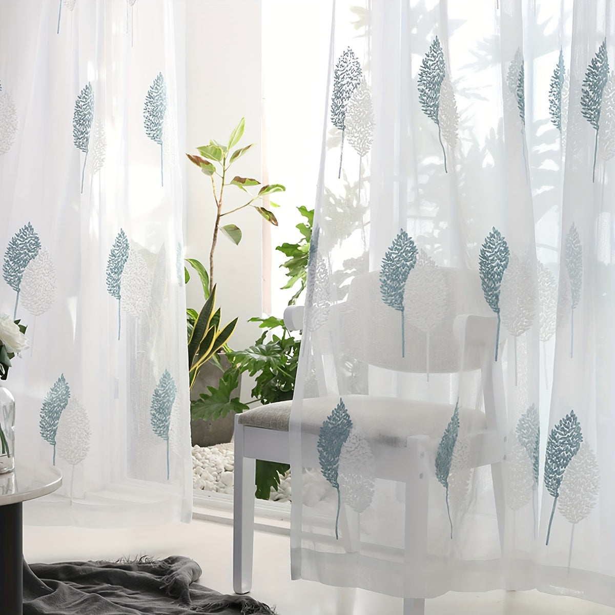 Sheer Leaf Embroidered Curtain with Rod Pocket for Living Room or Bedroom