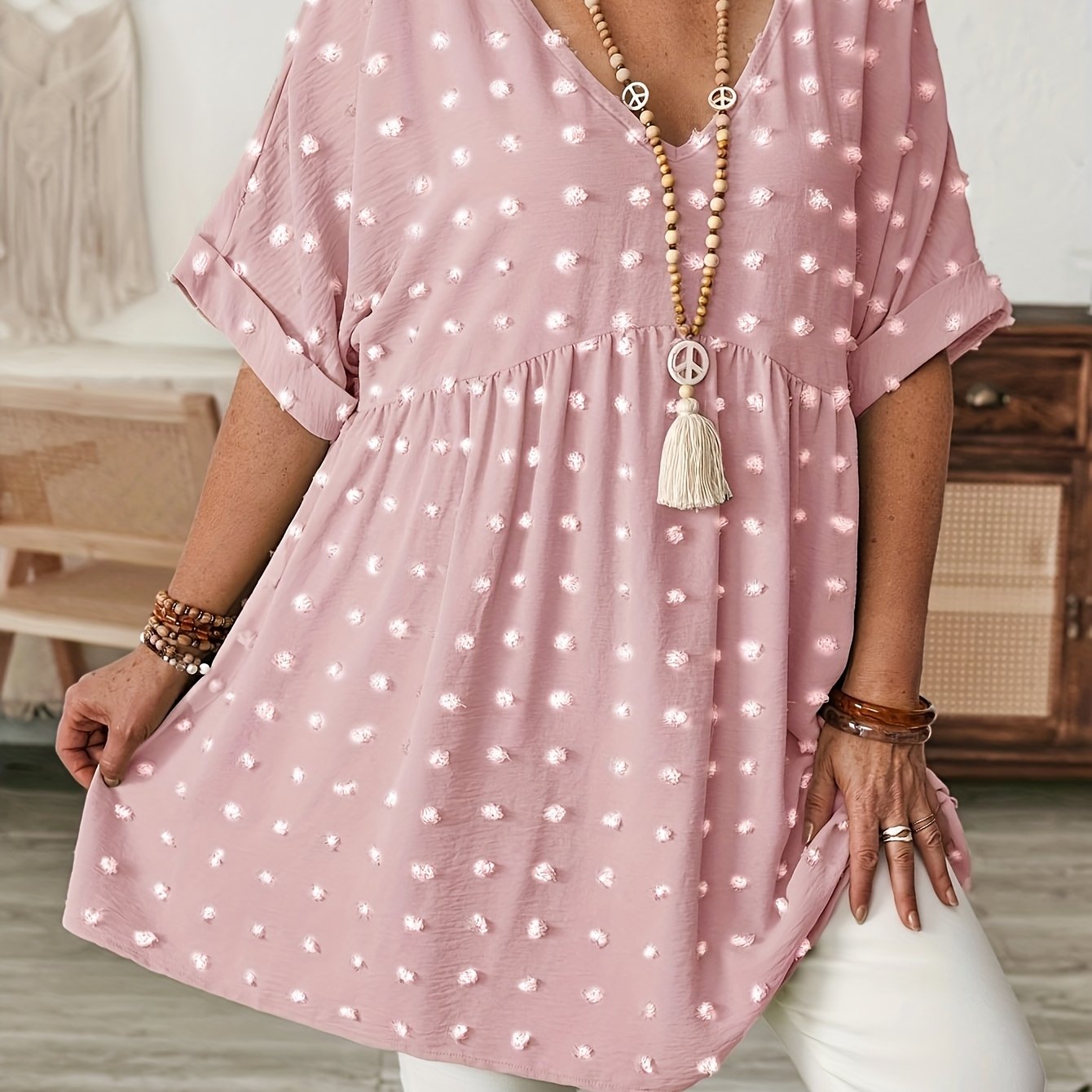 Plus Size Women's V-Neck Batwing Sleeve Blouse Breezy Lightweight Top