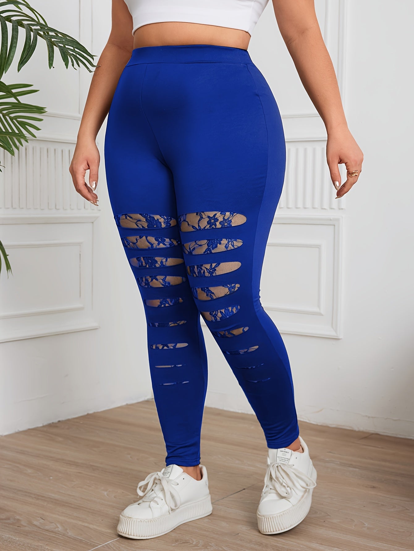 Plus Size Women's Blue Lace Trim High-Waisted Stretch Leggings