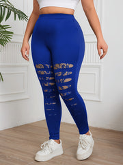 Plus Size Women's Blue Lace Trim High-Waisted Stretch Leggings