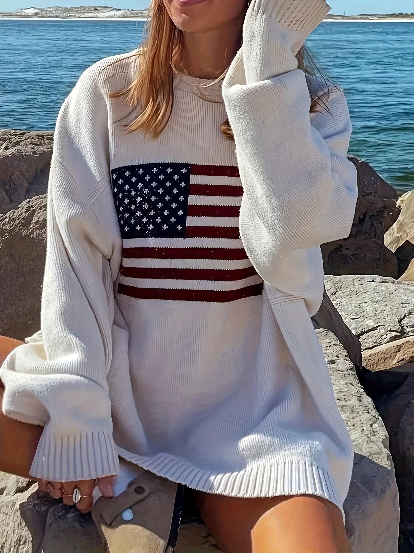 Plus Size Flag Pattern Sweater Women's Long Sleeve Crew Neck Fall Winter Clothing