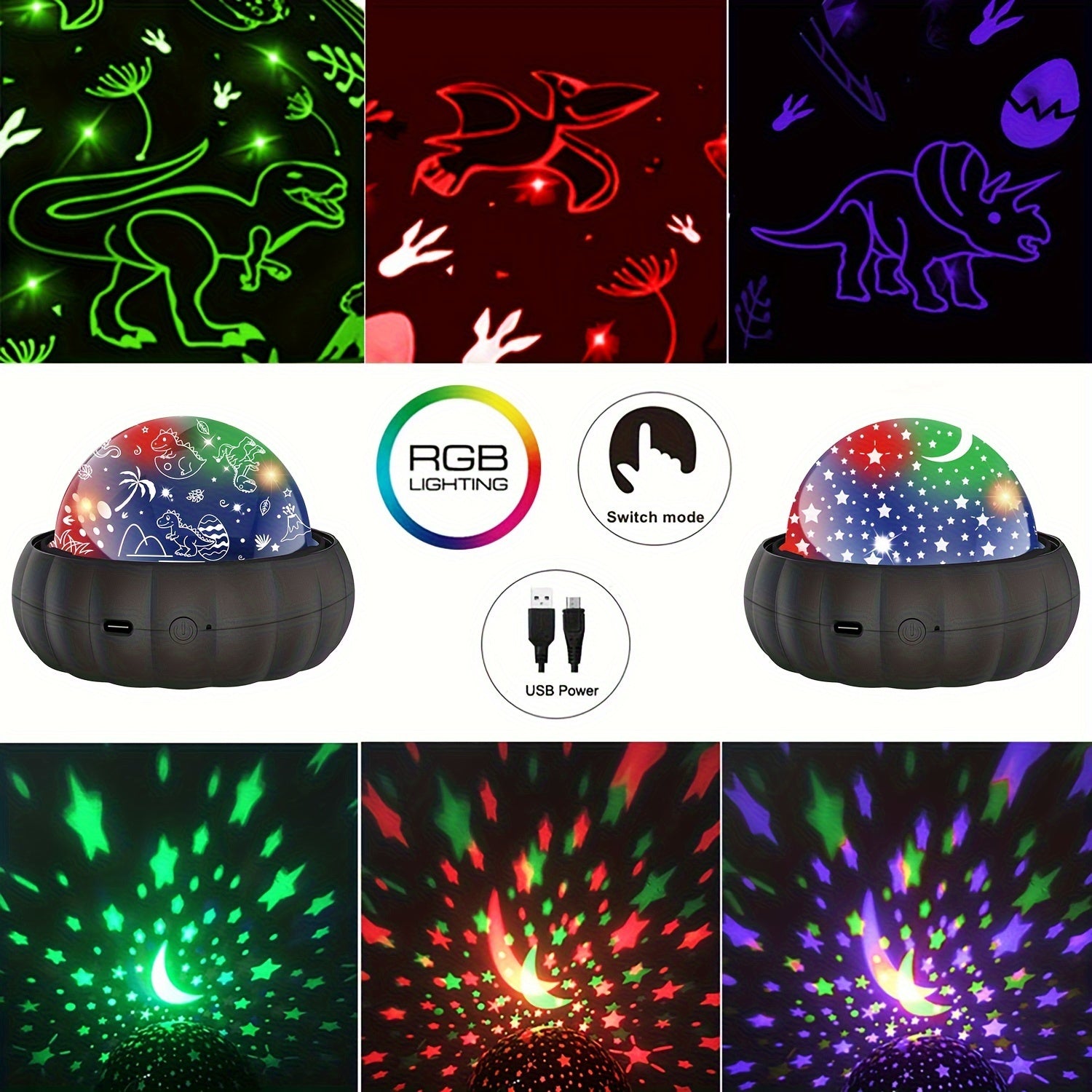 Night Light with Dinosaur and Moon Stars Galaxy Projection 360° Rotation Color Changing for Kids Bedroom